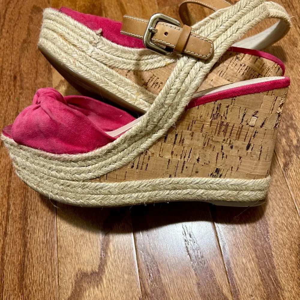 PRADA Raspberry Suede Cork Heel Wedges - Picture 4 of 6